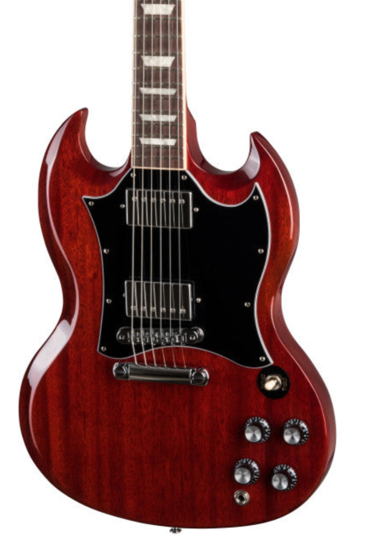Cherry red electric guitar with two humbucker pickups, black pickguard, four silver control knobs, and double cutaway body shape.