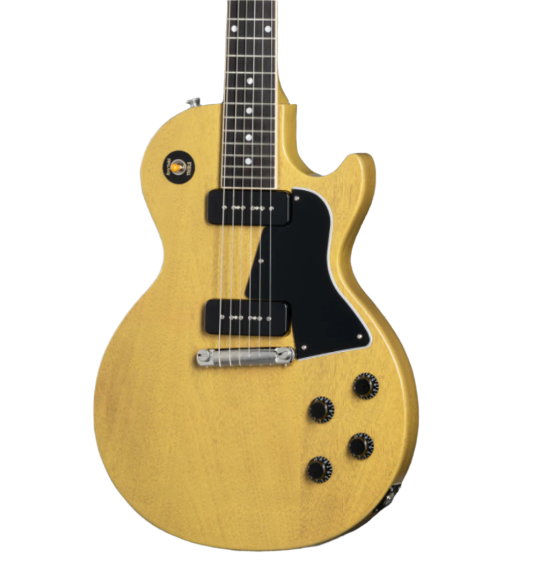 Light yellow solid-body electric guitar with two black pickups, four black control knobs, and a black pickguard on the lower right side.