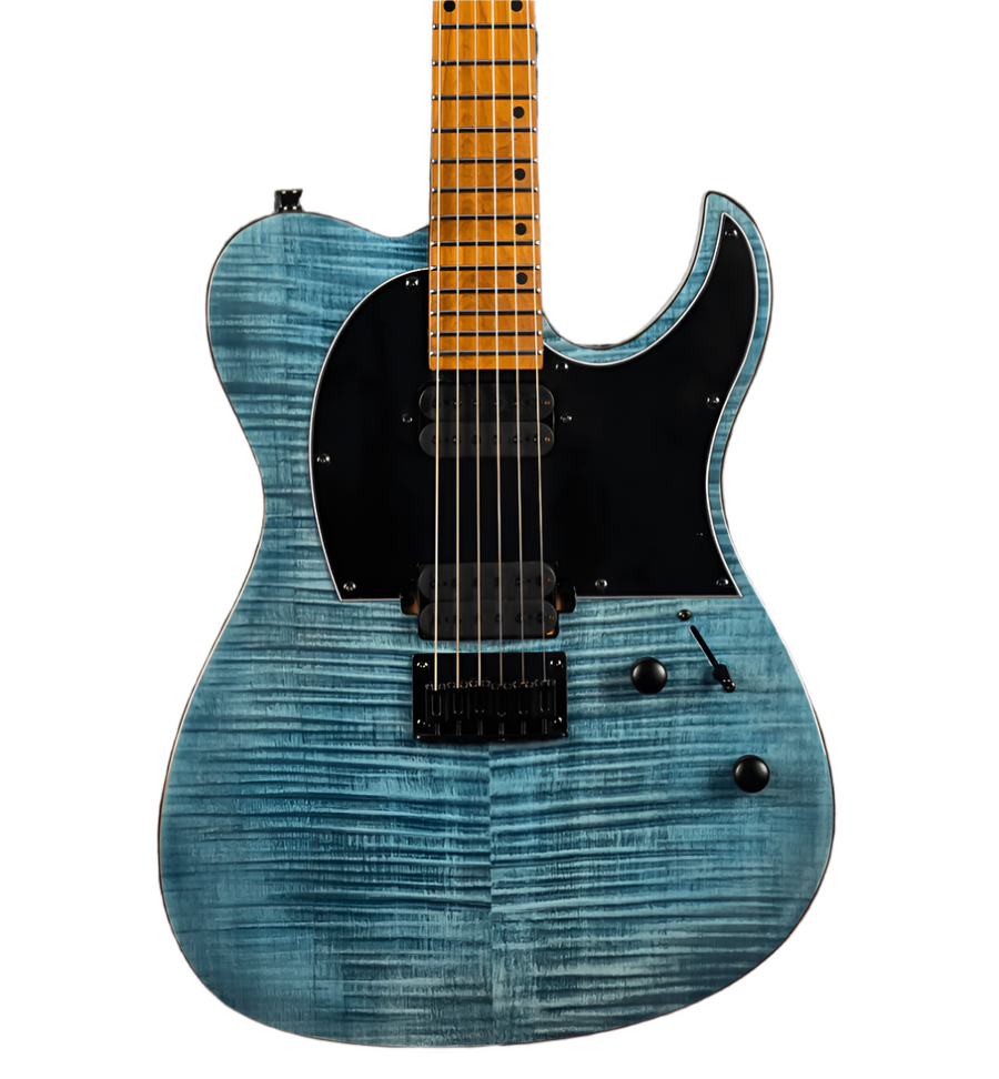 Electric guitar with a blue flame maple finish, black pickguard, two black humbucker pickups, two control knobs, and a maple fretboard.
