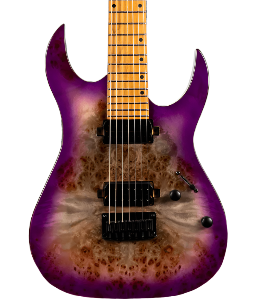 Electric guitar with a natural burl wood center fading to vibrant purple edges, black pickups, two knobs, a switch, and a maple fretboard.