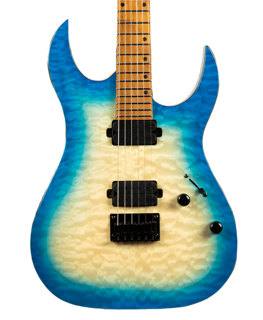 Electric guitar with a glossy quilted pattern, blue burst edges fading to a creamy white center, two black pickups, and two black control knobs.