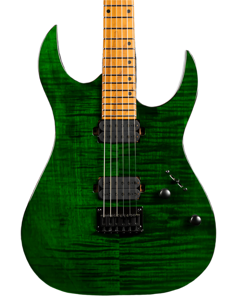 Electric guitar with a bright green, glossy, flamed wood body, dual black humbucker pickups, three control knobs, and a maple fretboard.