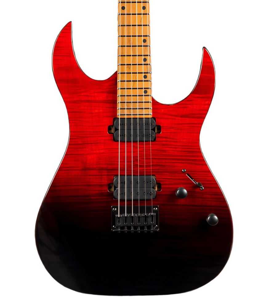 Electric guitar with a sharp double-cutaway body, red-to-black gradient finish, two humbucker pickups, black hardware, and maple fretboard.