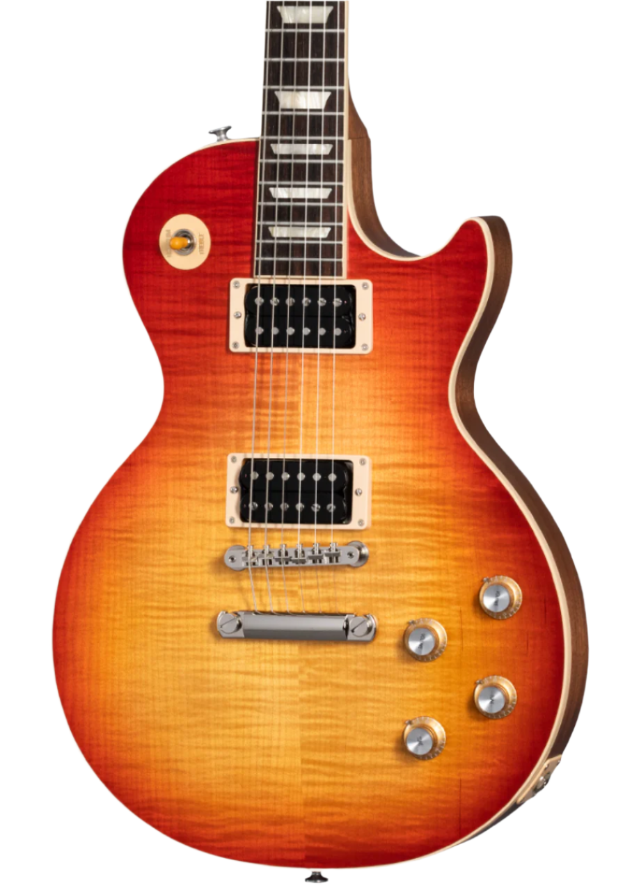 Sunburst electric guitar with a single cutaway, two humbucker pickups, four control knobs, and a three-way switch on the upper left.