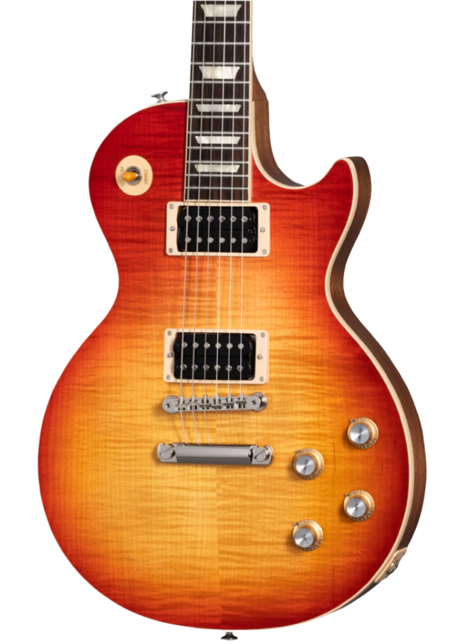 Sunburst electric guitar with a single cutaway, two humbucker pickups, four control knobs, and a three-way switch on the upper left.