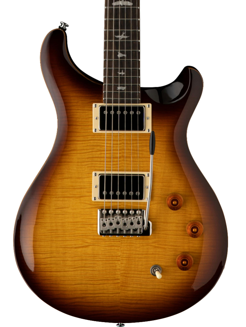 Sunburst-finish electric guitar with two humbucker pickups, three amber control knobs, a whammy bar, and bird inlays on the fretboard.