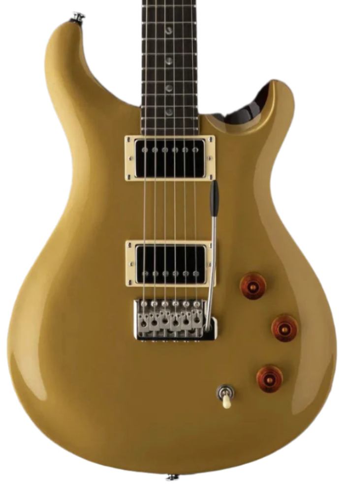 Metallic gold electric guitar body with dual humbucker pickups, three brown control knobs, a pickup switch, and a tremolo bridge.