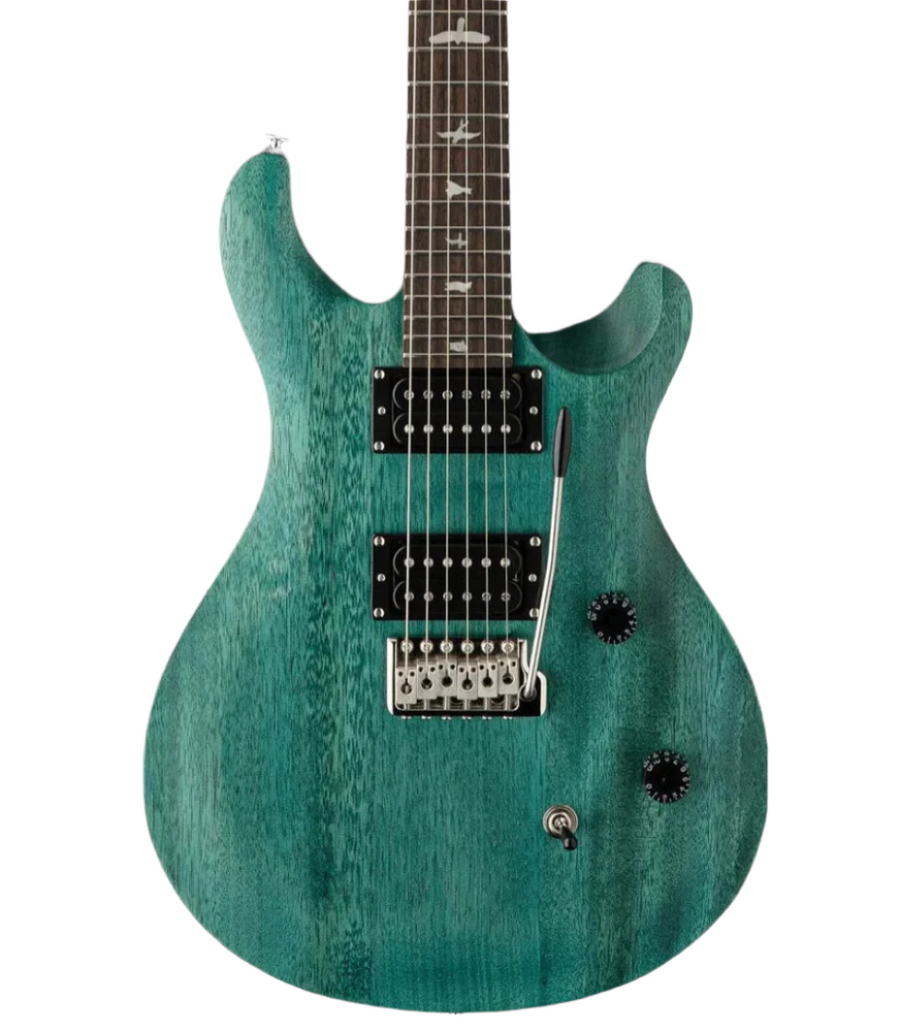 Turquoise electric guitar with two humbucker pickups, tremolo bridge, two black control knobs, and a three-way switch on a double-cutaway body.