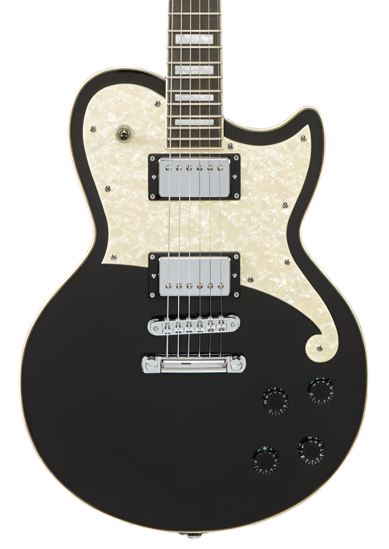 Black electric guitar with a cream pearloid pickguard, two chrome humbucker pickups, four black control knobs, and a single cutaway body shape.