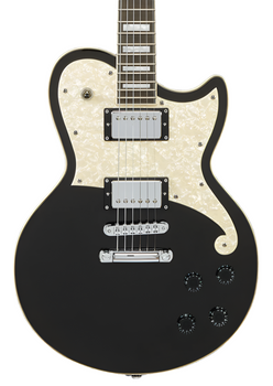 Black electric guitar with a cream pearloid pickguard, two chrome humbucker pickups, four black control knobs, and a single cutaway body shape.