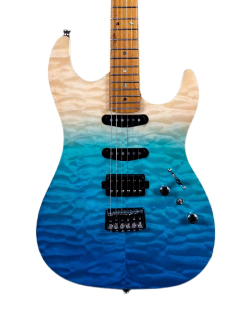 Electric guitar with a quilted finish, fading from natural wood at the top to light blue and deep blue at the bottom, with black pickups and knobs.