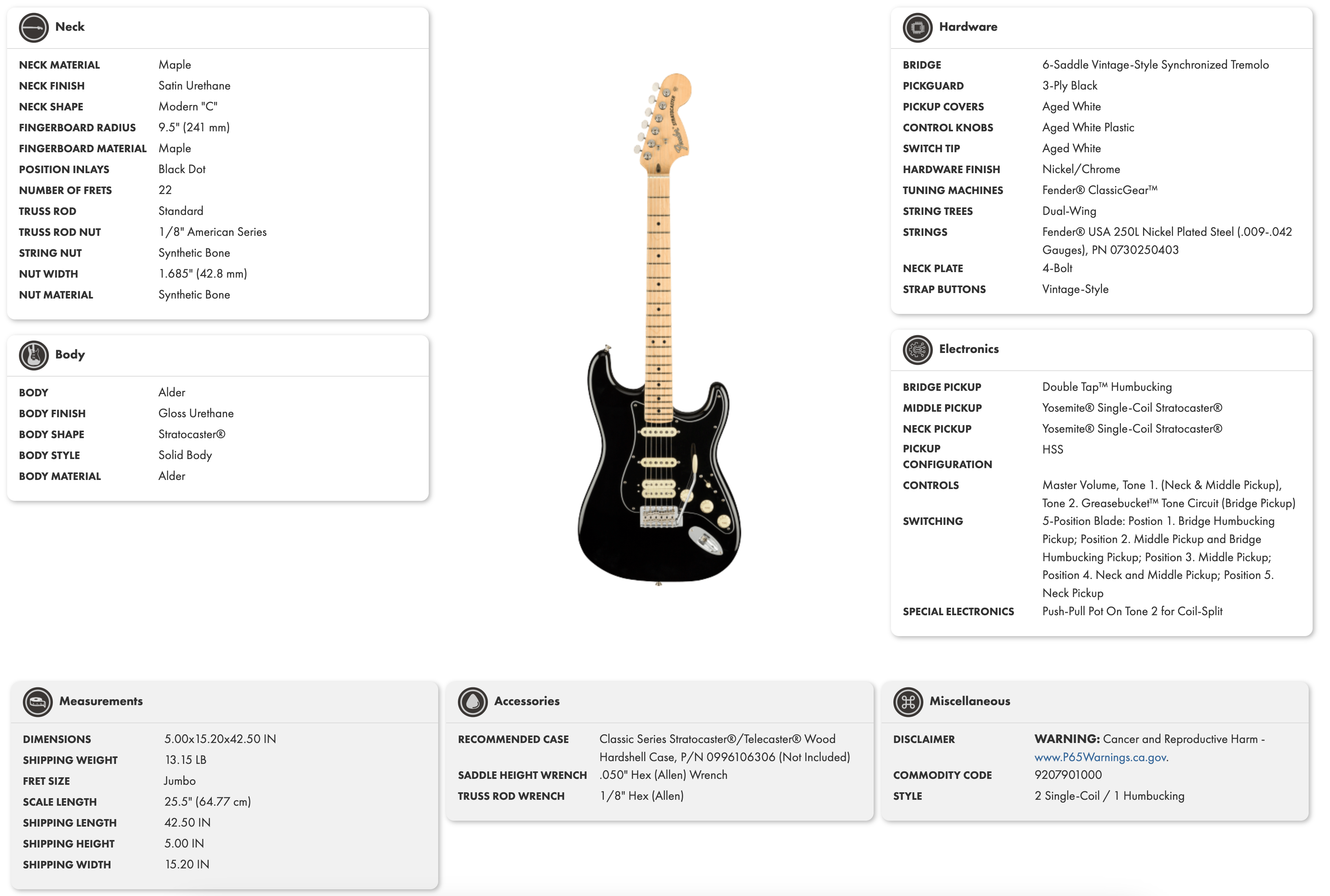 Black Stratocaster electric guitar with a maple neck, three white pickups, white control knobs, and a three-ply black pickguard.