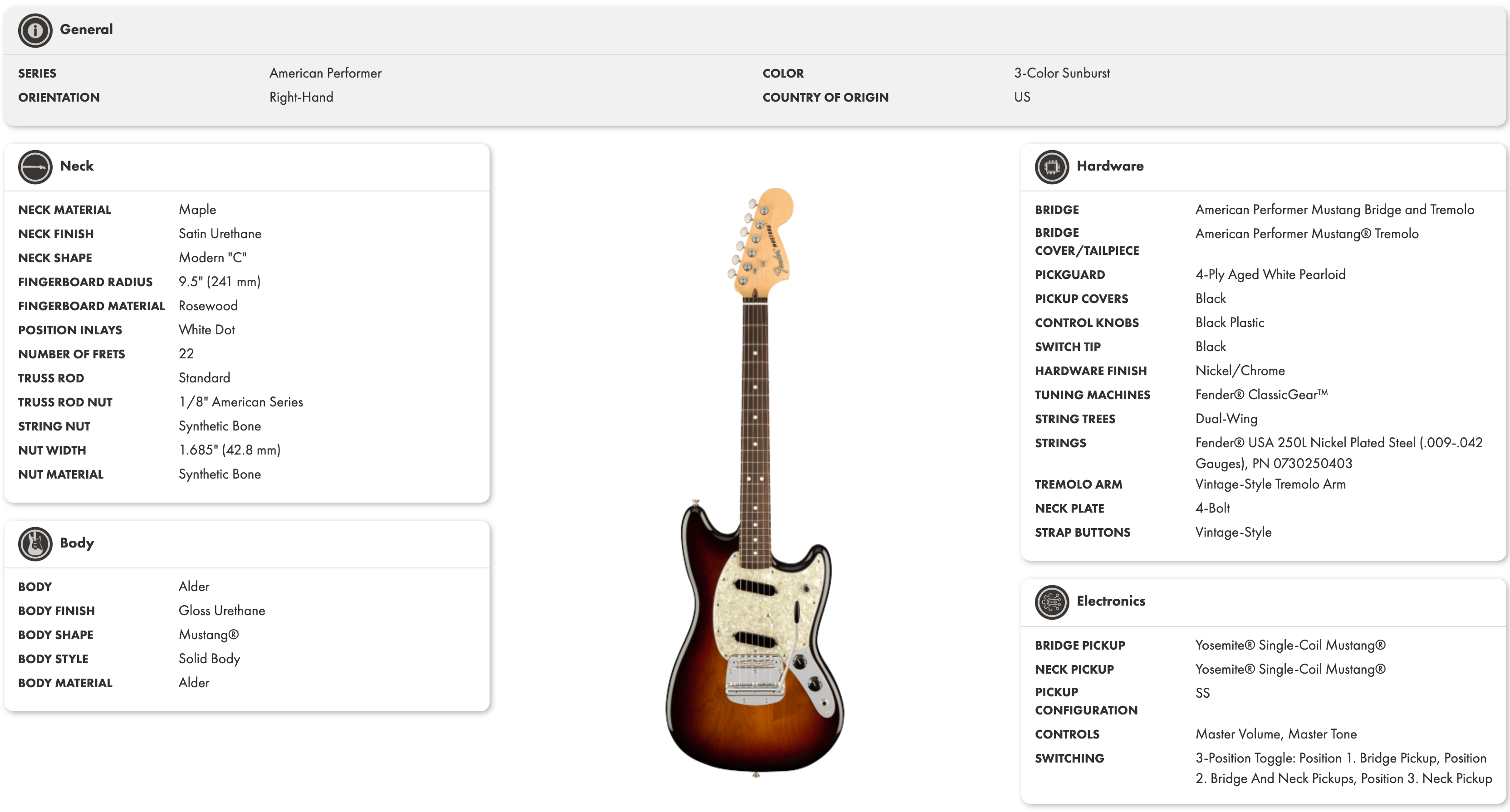 Electric guitar with a sunburst finish, white pearloid pickguard, two single-coil pickups, rosewood fingerboard, and 22 frets.