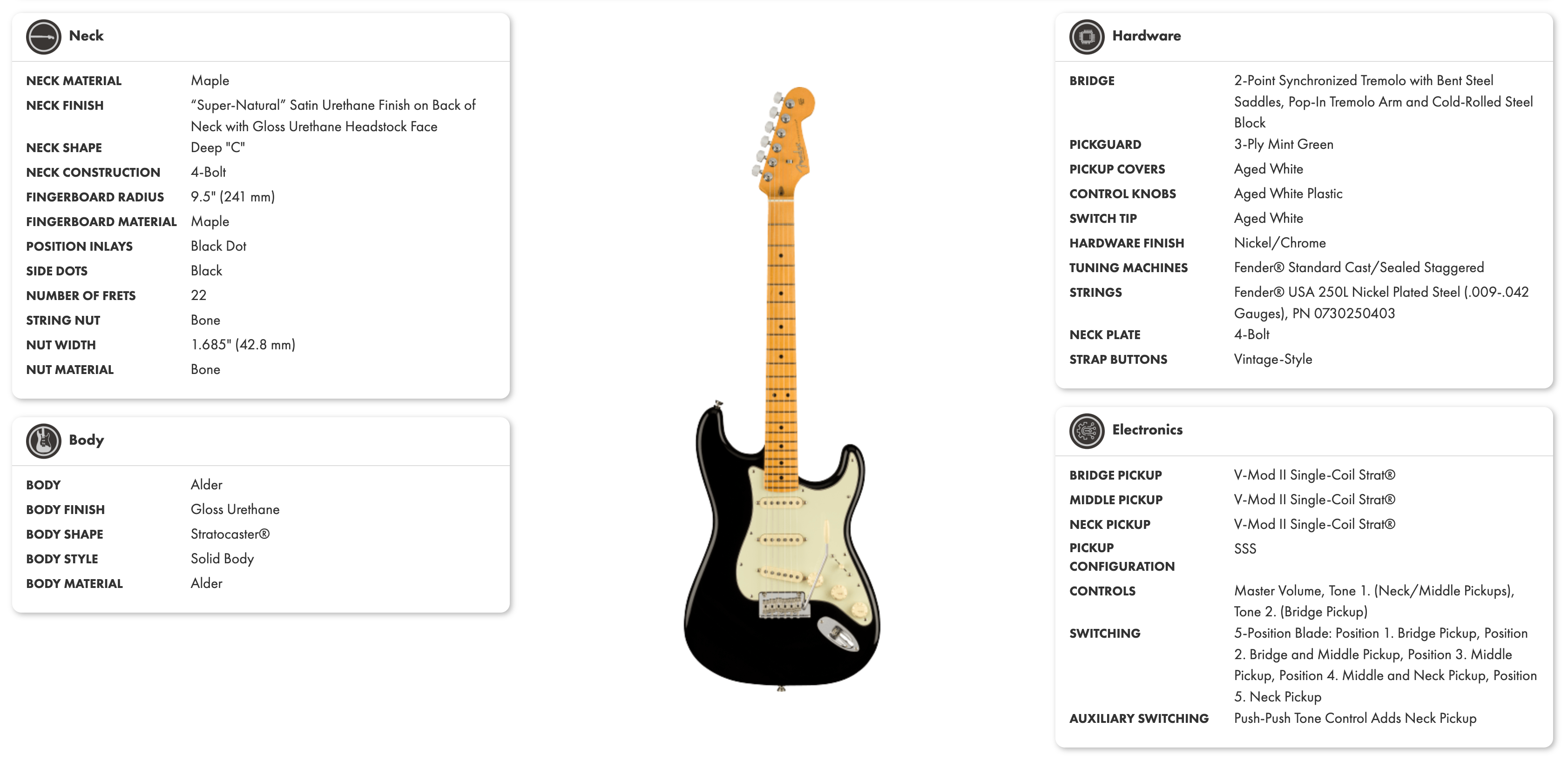 Black Stratocaster electric guitar with a maple neck, white pickguard, three single-coil pickups, and chrome hardware.