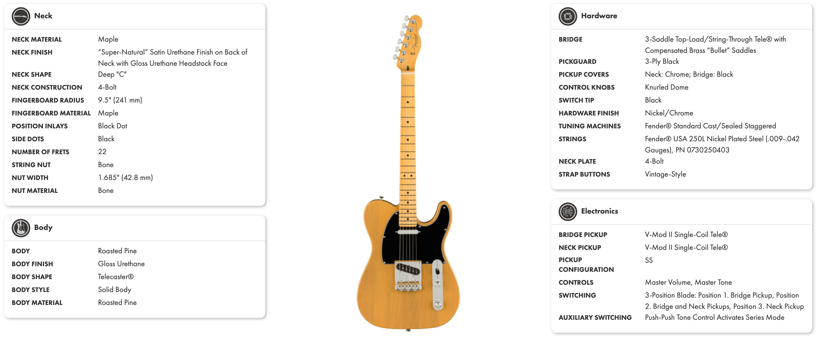 Natural wood finish electric guitar with a black pickguard, maple neck and fretboard, chrome and black hardware, and traditional Telecaster shape.