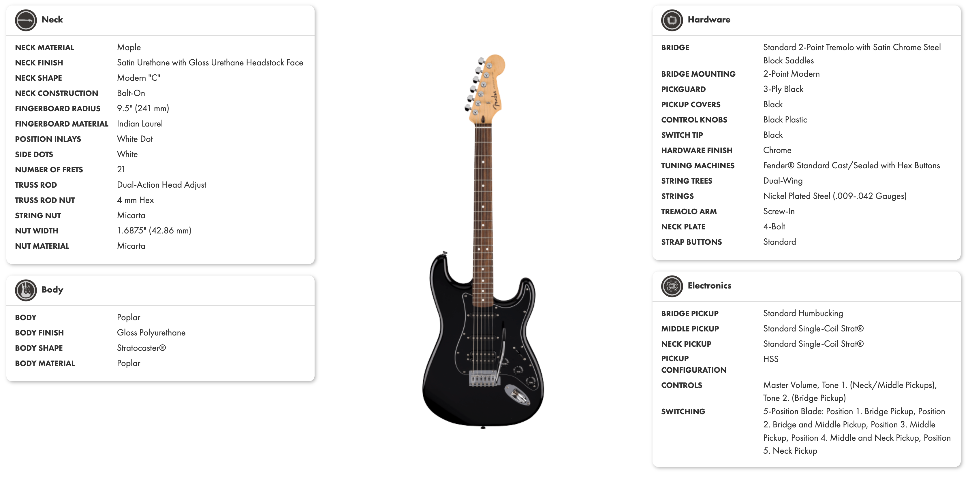 Black Stratocaster electric guitar with three pickups, chrome hardware, white dot inlays, and a maple neck with Indian laurel fingerboard.