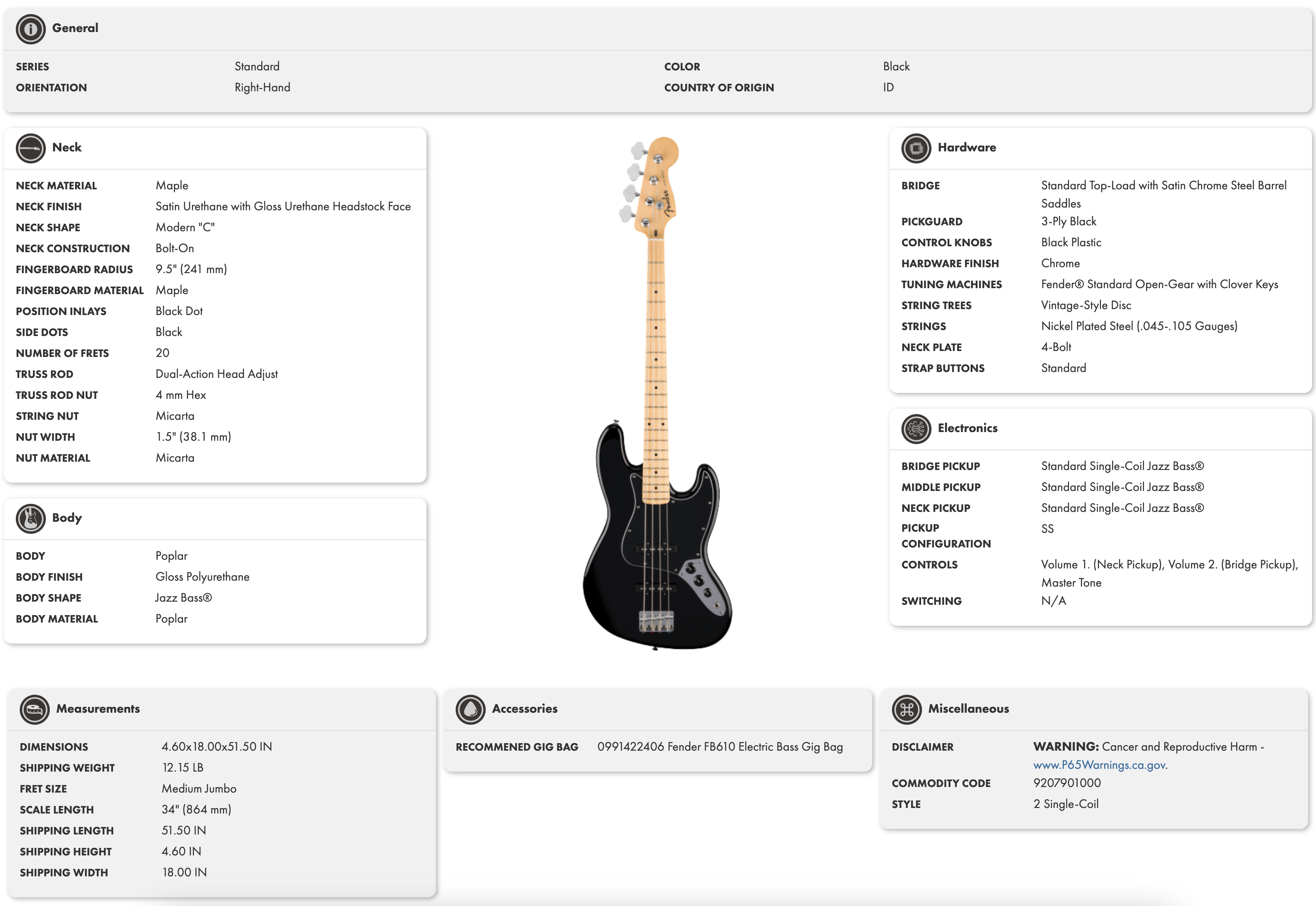 Black right-handed electric bass guitar with a glossy finish, maple neck, black pickguard, and chrome hardware. 20 frets, dot inlays, classic Jazz Bass shape.