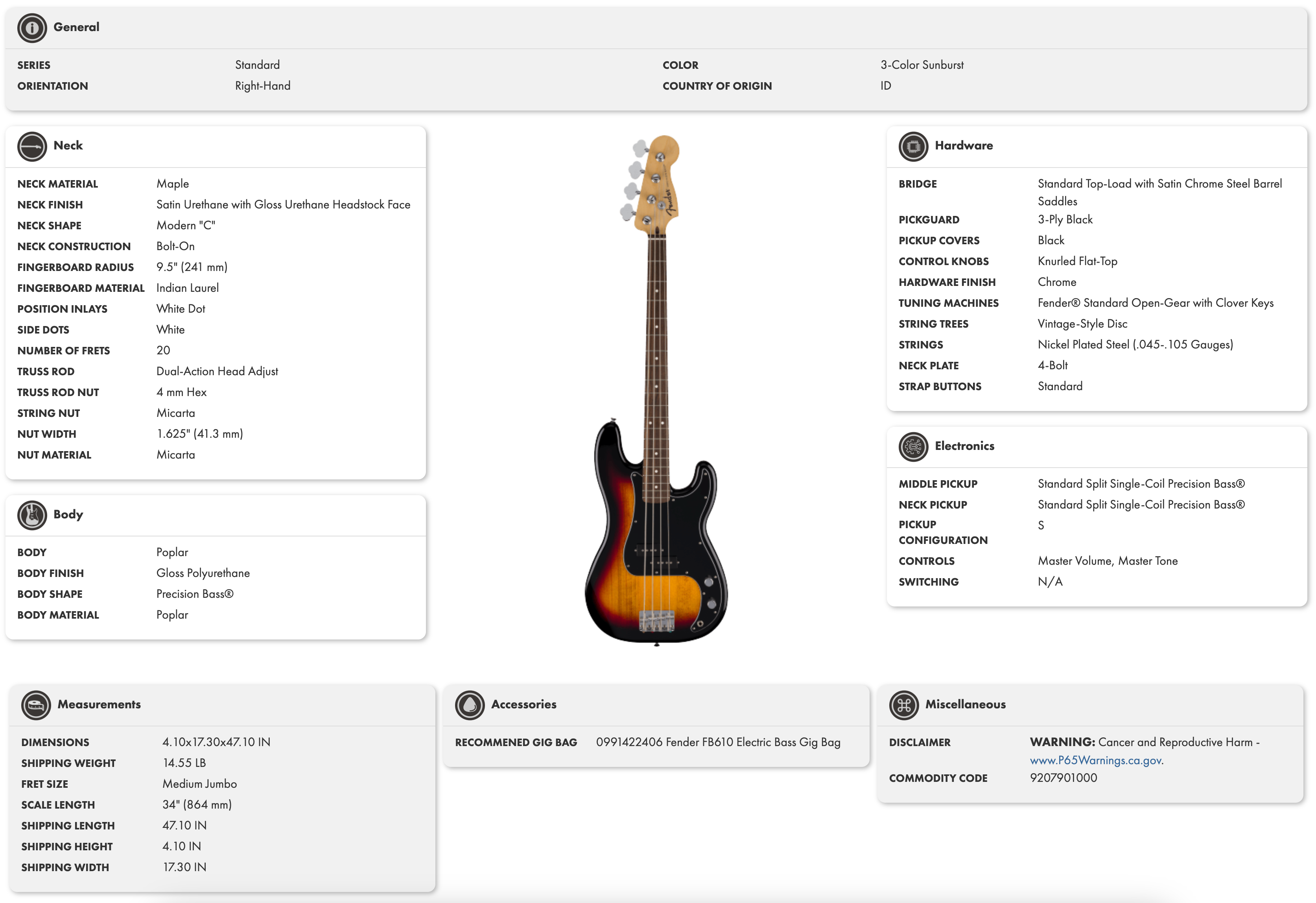 Three-tone sunburst right-handed electric bass with a maple neck, black pickguard, and four tuning keys; body is classic Precision Bass® shape.