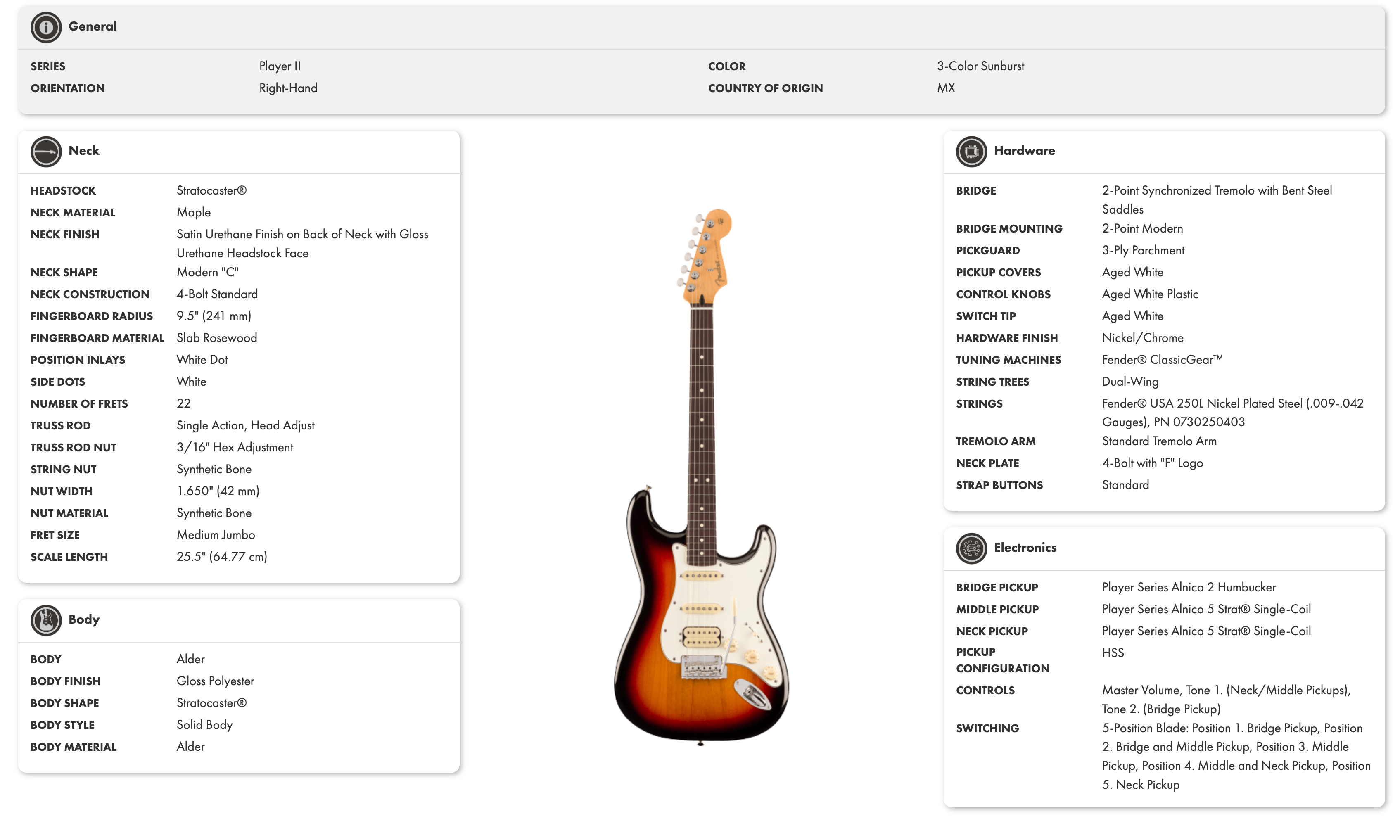 Electric guitar with a sunburst finish, white pickguard, rosewood fingerboard, and three pickups in a classic Stratocaster solid body shape.