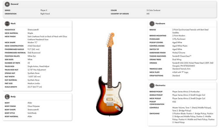 Fender Player II Stratocaster HSS Rosewood FB in 3 Tone Sunburst