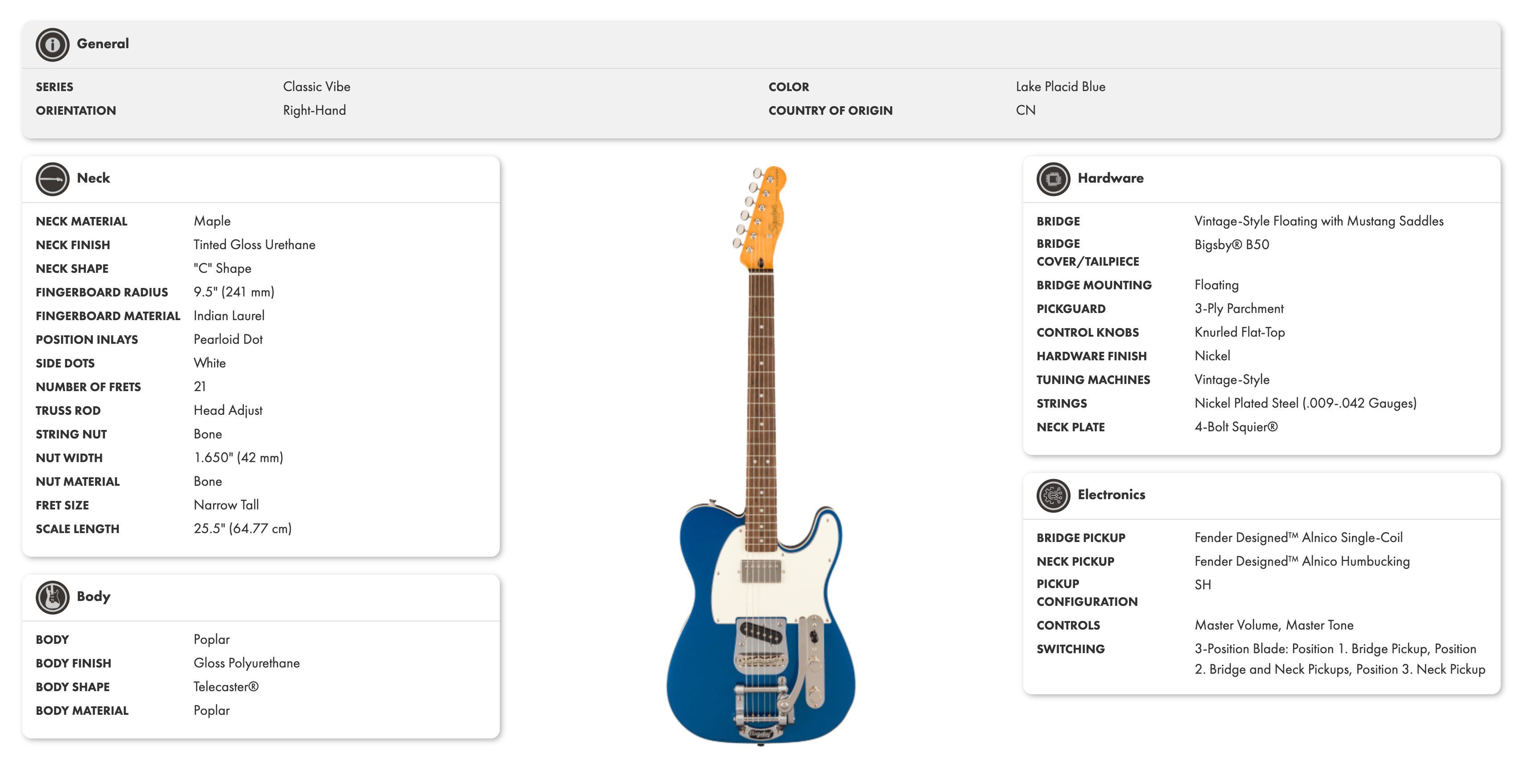 Squier Classic Vibe Telecaster Custom des années 60 SH Bigsby Plaque de protection parchemin bleu lac Placid