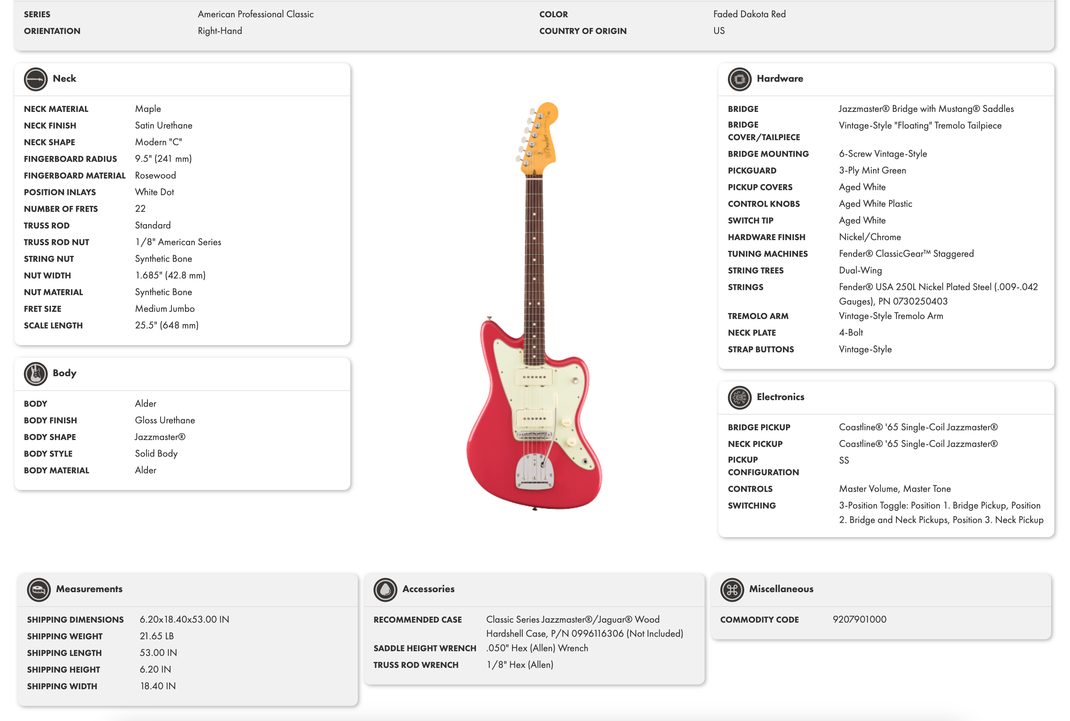 Guitare électrique Jazzmaster rouge à pickguard vert menthe, deux micros simples, boutons blancs, manche érable avec touche sombre et repères ronds blancs.