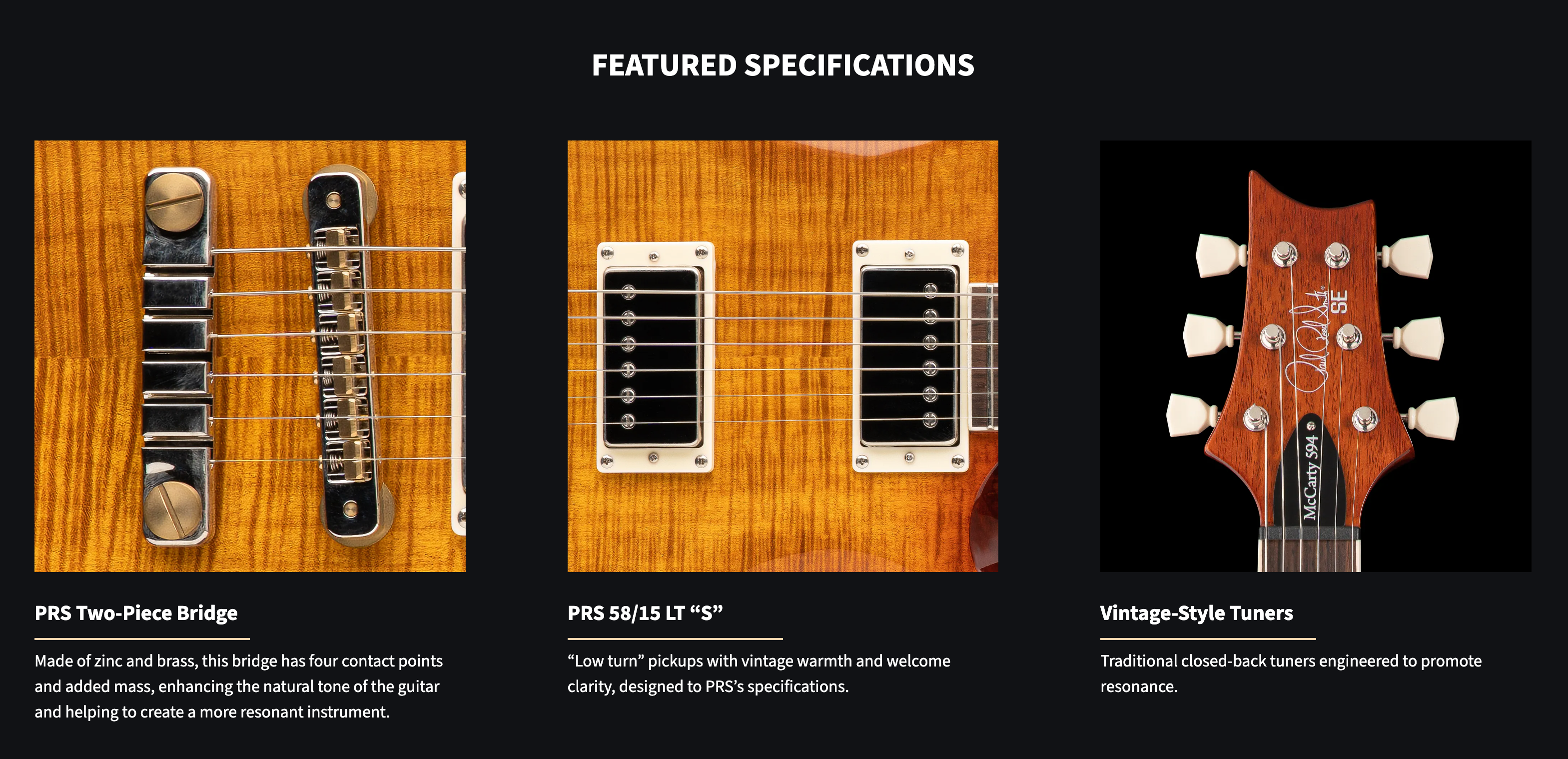 Close-ups of an electric guitar’s metal bridge, twin humbucker pickups, and headstock with vintage-style tuners and a signature on dark wood.