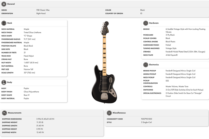 Squier FSR Classic Vibe Bass VI Maple Neck in Black