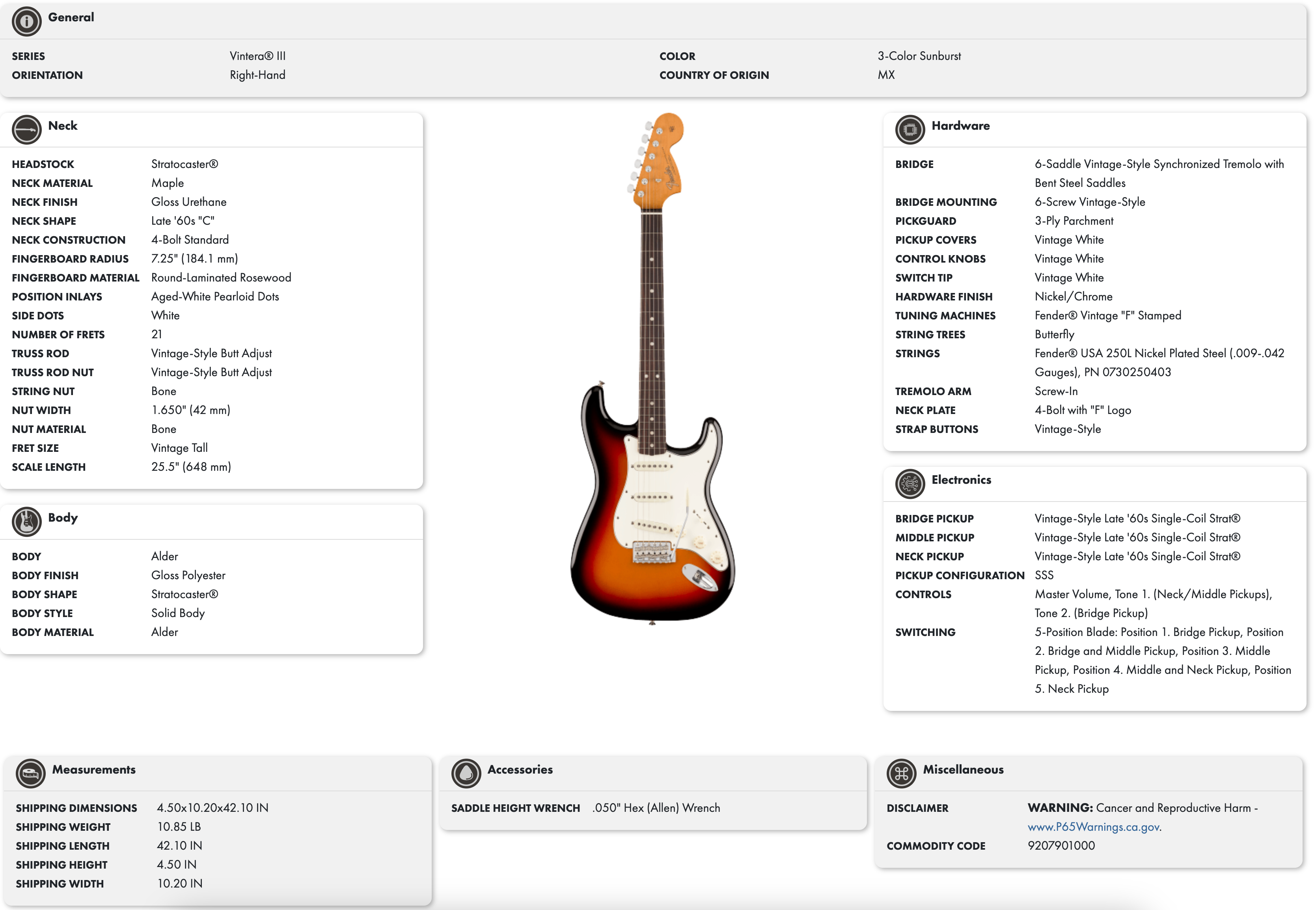 Fender Vintera III Stratocaster fin des années 60 Touche Palissandre 3 tons Sunburst