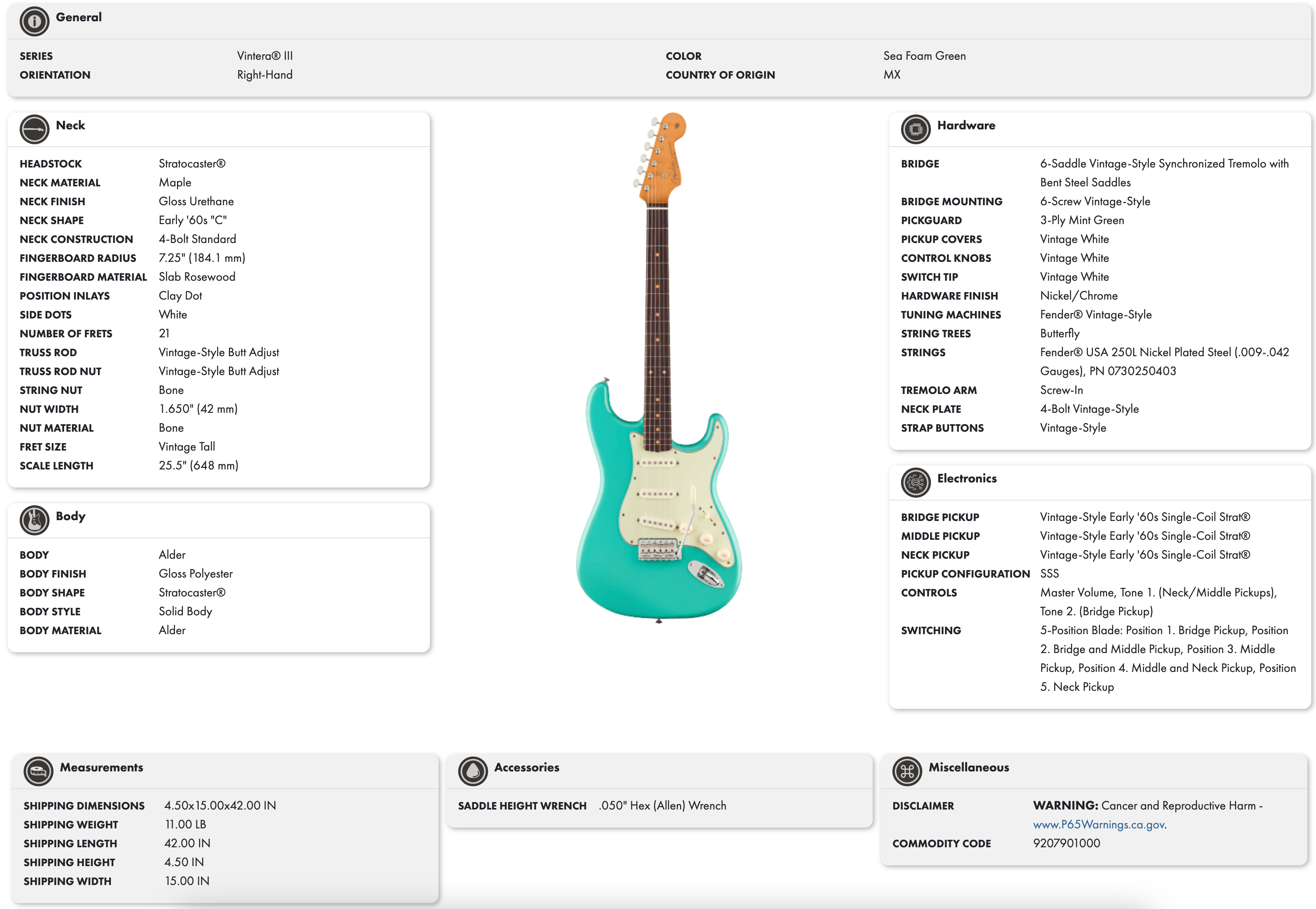 Fender Vintera III Early '60s Stratocaster Rosewood FB in Seafoam Green