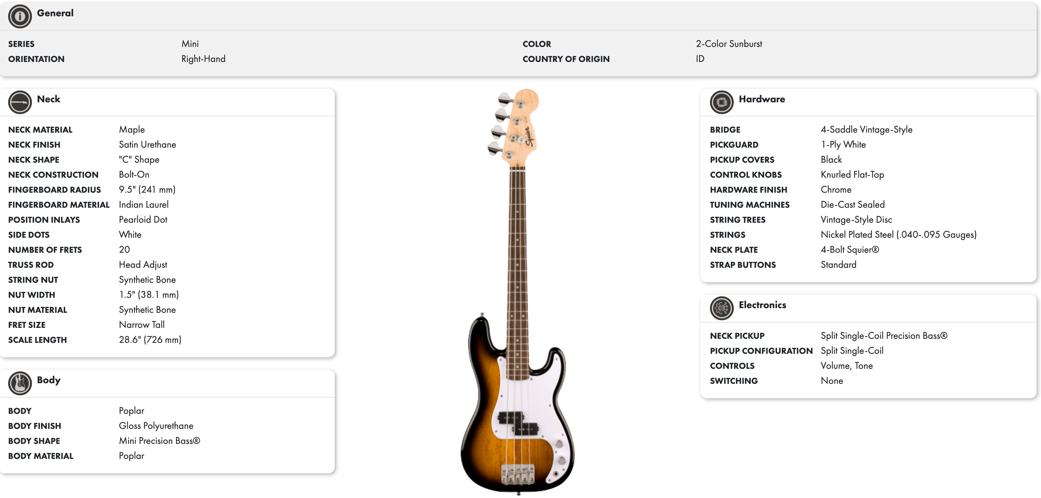 Mini Precision Bass electric guitar, 2-color sunburst finish, white pickguard, four tuning pegs, chrome hardware, split single-coil pickup.