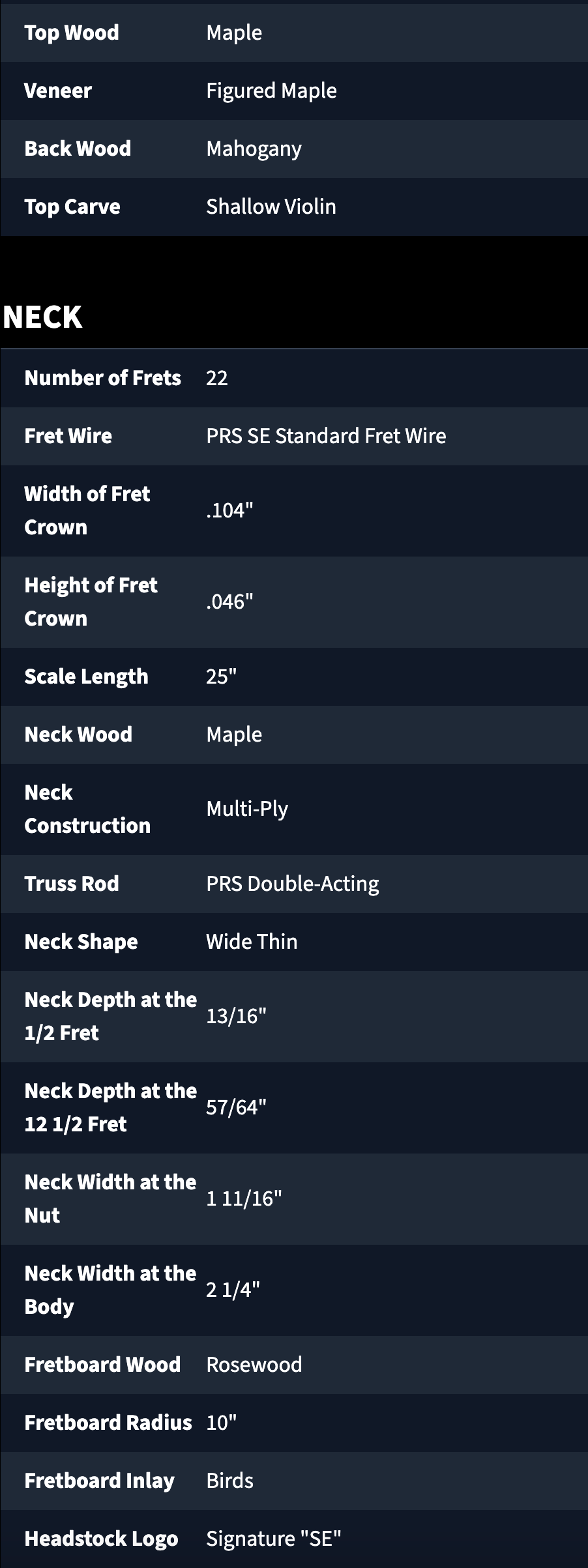 Electric guitar neck specs: 22 frets, 25" scale, maple neck, rosewood fretboard, bird inlays, wide thin shape, PRS double-acting truss rod, "SE" logo.