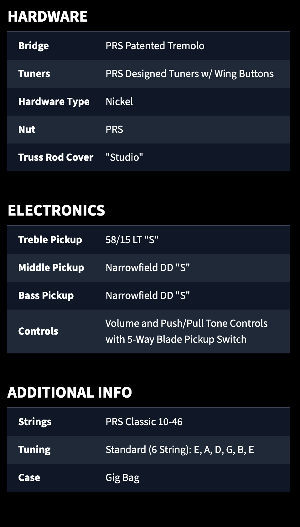 PRS electric guitar with patented tremolo, 3 pickups, push/pull controls, PRS Classic 10-46 strings, standard tuning, and includes a gig bag.
