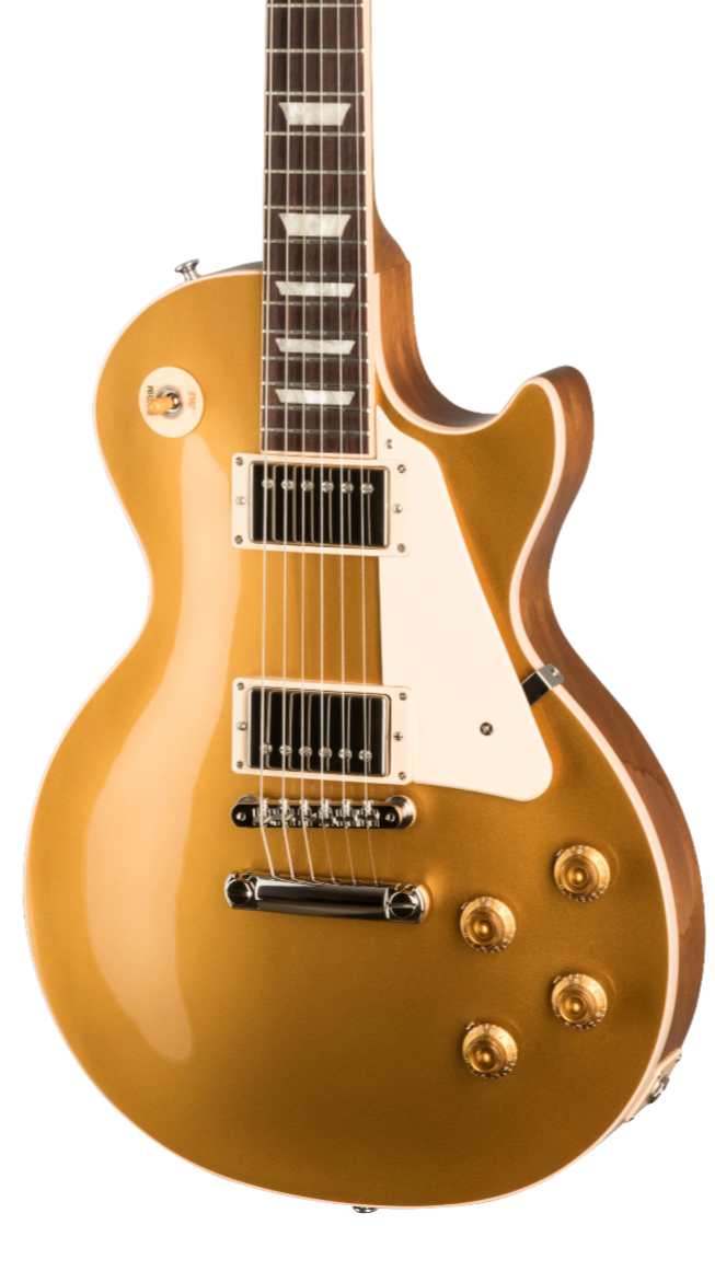 Gold-finished electric guitar with dual humbucker pickups, four gold control knobs, white pickguard, and toggle switch near the neck.