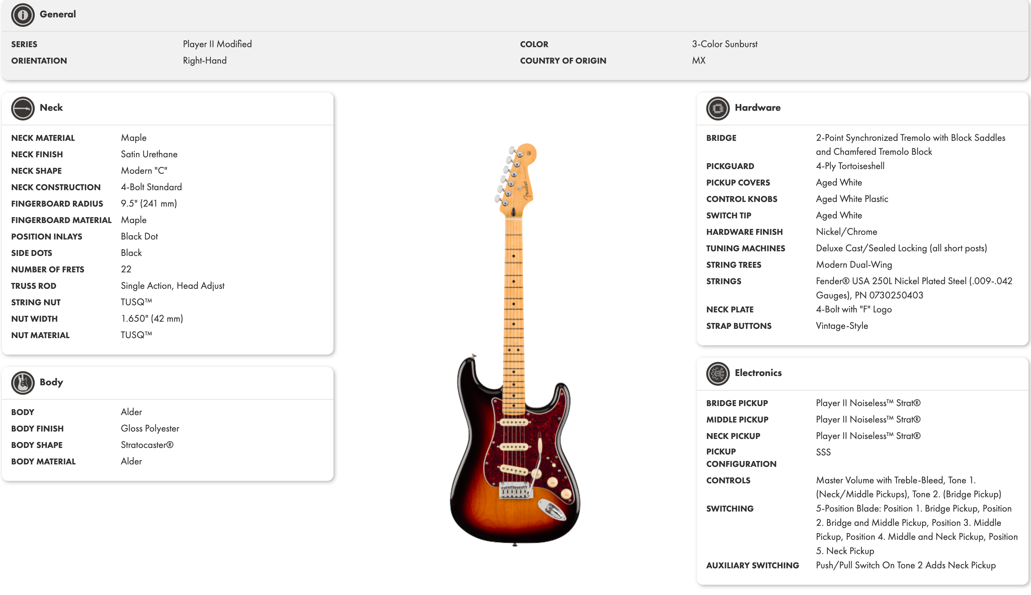Electric guitar with sunburst finish, maple neck and fingerboard, three single-coil pickups, white controls, and a tortoiseshell pickguard.