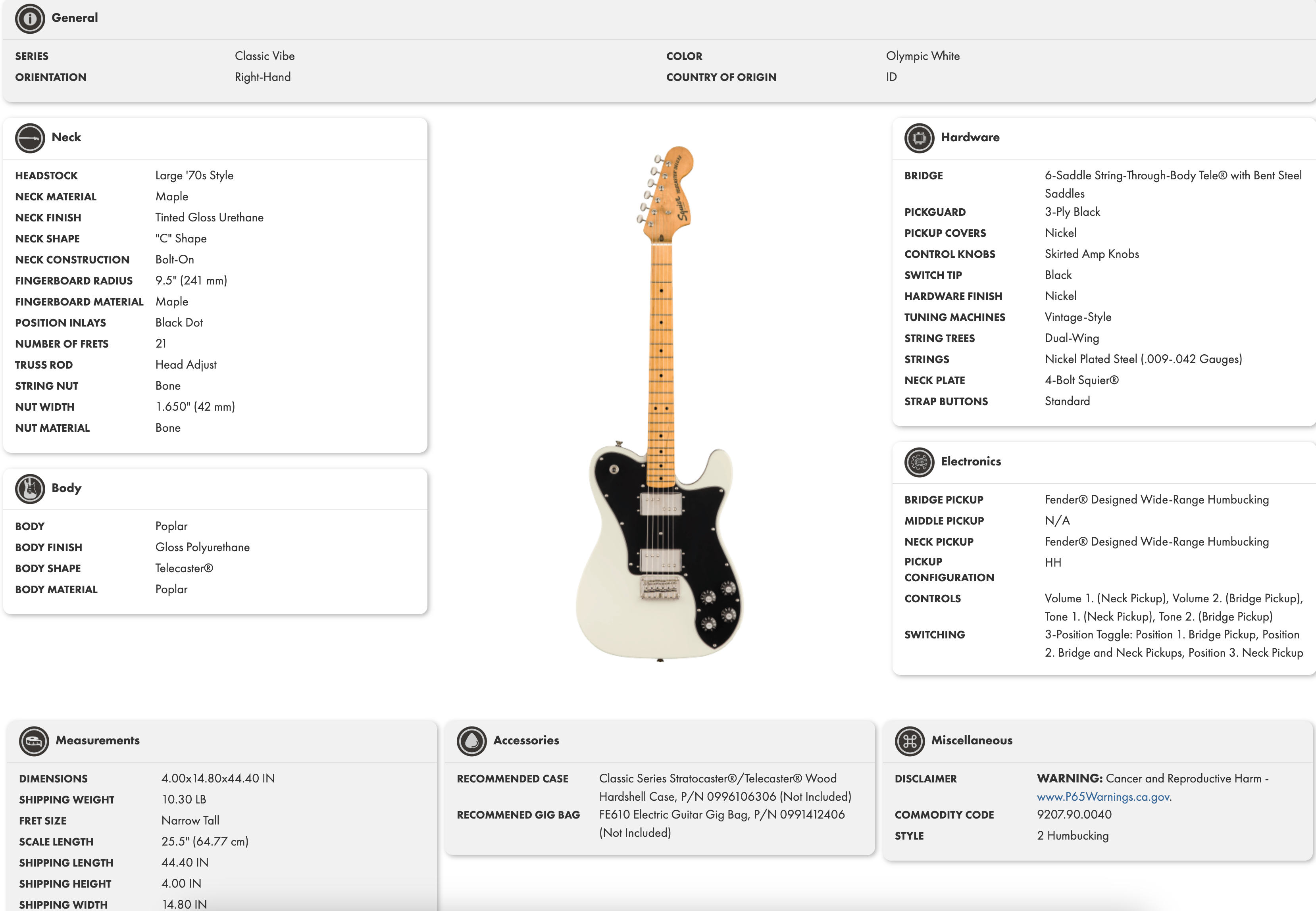 Olympic white right-handed electric guitar, Telecaster shape, black pickguard, maple neck, dot inlays, two humbucking pickups, chrome hardware.