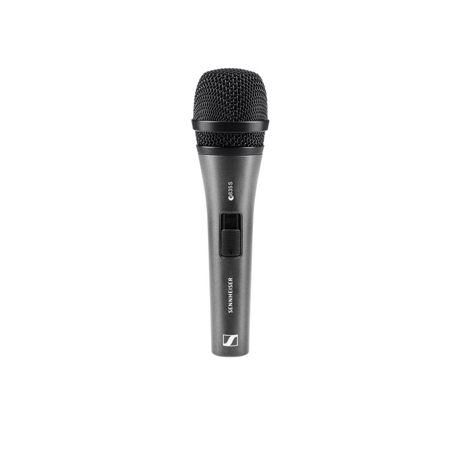 Handheld Sennheiser microphone with a black grille, labeled model "835S," and an on/off switch on the front of the handle.