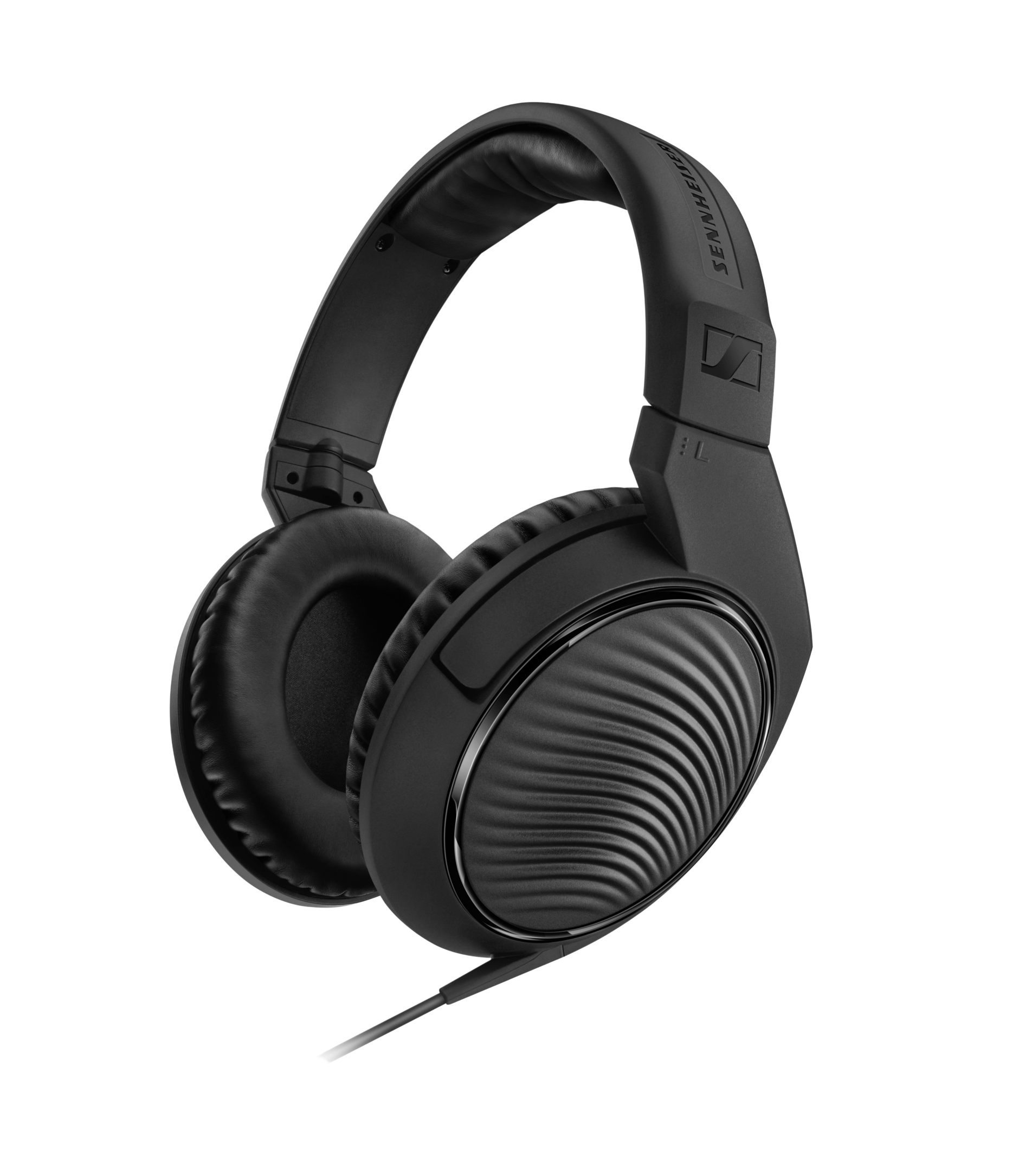 Over-ear black Sennheiser headphones with cushioned headband and ear pads, featuring a textured, ripple design on the earcups and an attached cable.