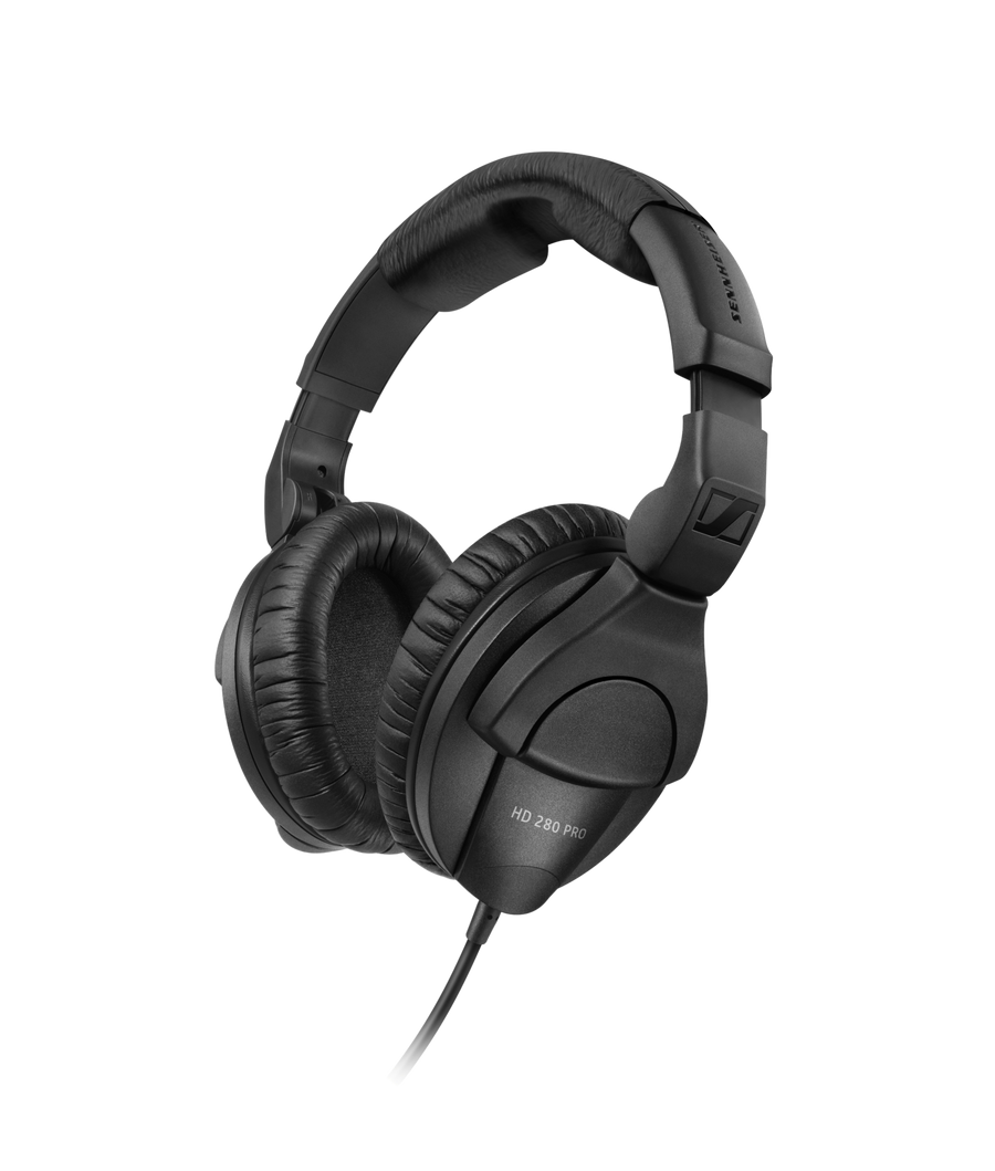 Closed-back over-ear Sennheiser HD 280 Pro headphones with padded headband and coiled cable for recording or monitoring.