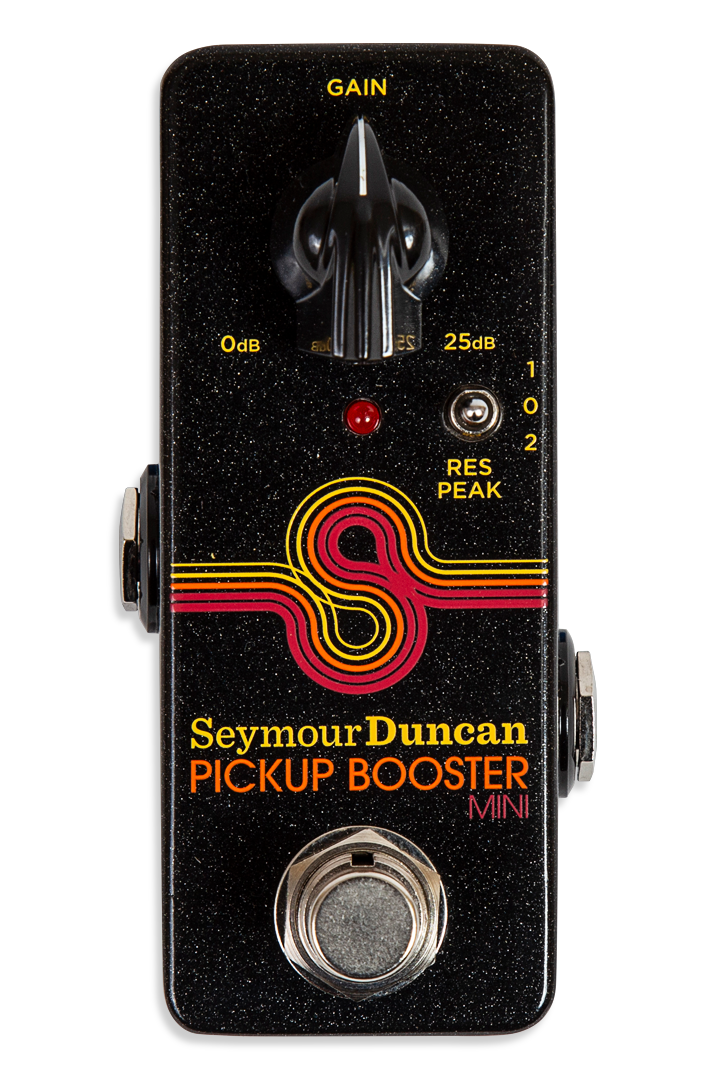 Seymour Duncan Pickup Booster Mini effects pedal with a large gain knob, red LED, toggle switch, footswitch, and retro yellow-red design.