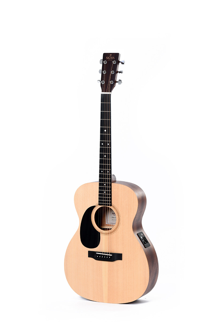 Light wood acoustic guitar with a dark pickguard, six strings, round sound hole, dark fretboard, and a side-mounted control panel.