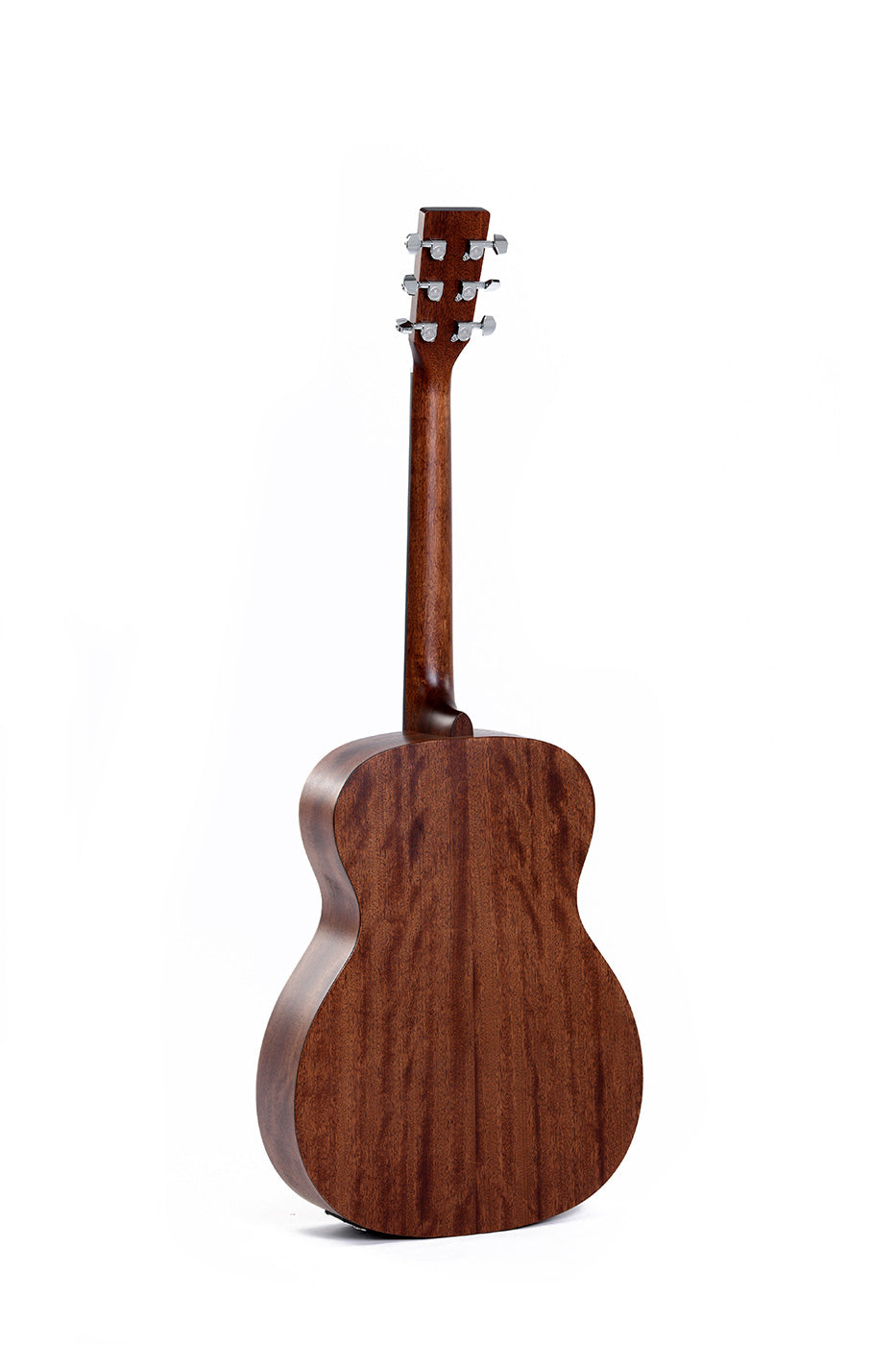Acoustic guitar shown from the back, with a smooth, brown wood finish and six silver tuning pegs on the headstock.
