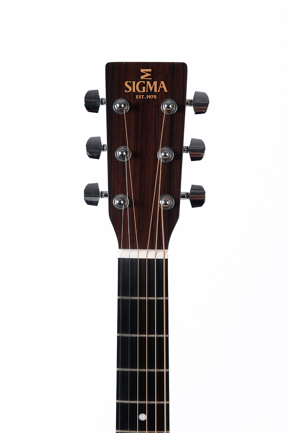 Dark wood acoustic guitar headstock with six tuning pegs, SIGMA logo, and "EST. 1970" in gold lettering; six strings and black fingerboard visible.