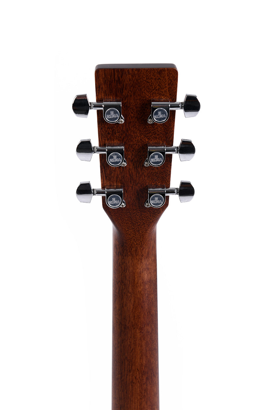 Six metal tuning pegs on a dark wooden acoustic guitar headstock, viewed from the back.