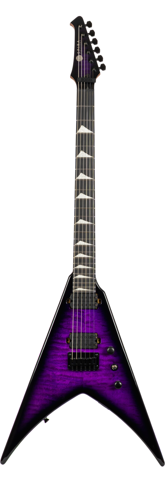 V-shaped electric guitar with a glossy purple and black body, two pickups, black hardware, and triangular inlays on a dark fretboard.