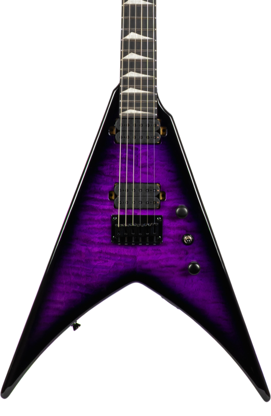 V-shaped electric guitar with a quilted purple finish, two black humbucker pickups, black knobs, and pointed edges.