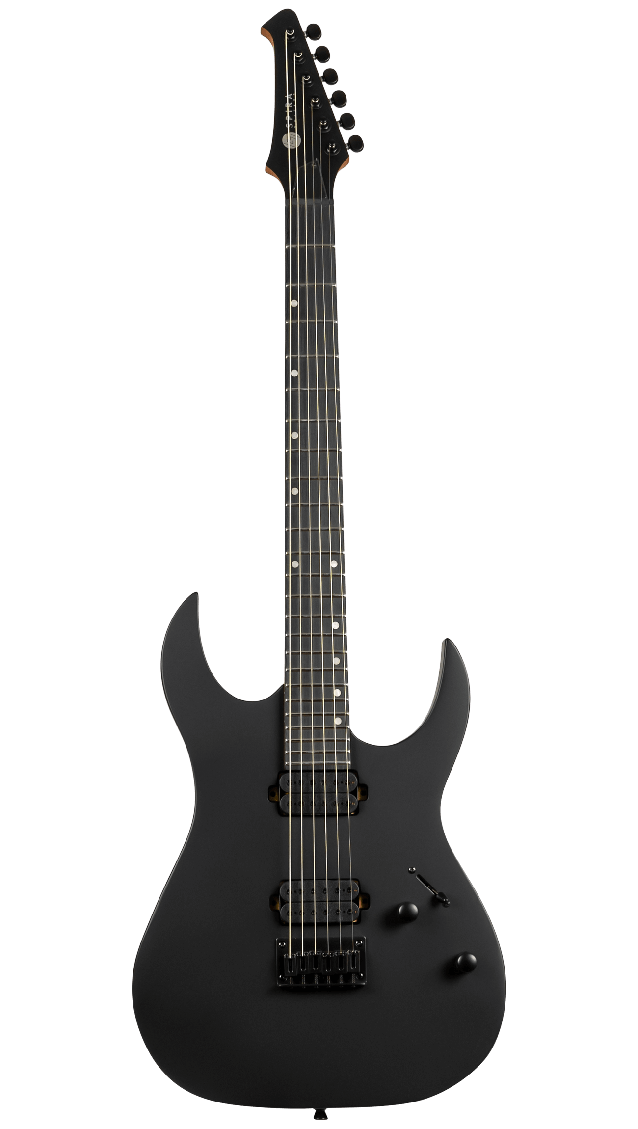 Matte black electric guitar with double cutaway body, two humbucker pickups, six strings, a switch, and two control knobs.