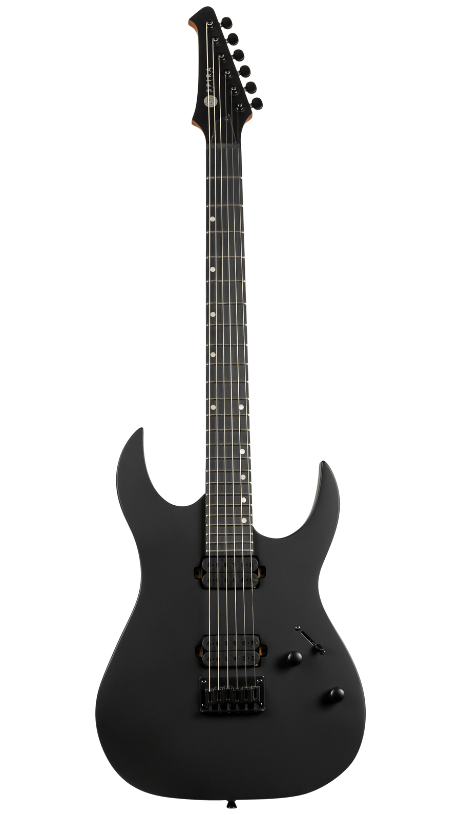 Matte black electric guitar with double cutaway body, two humbucker pickups, six strings, a switch, and two control knobs.