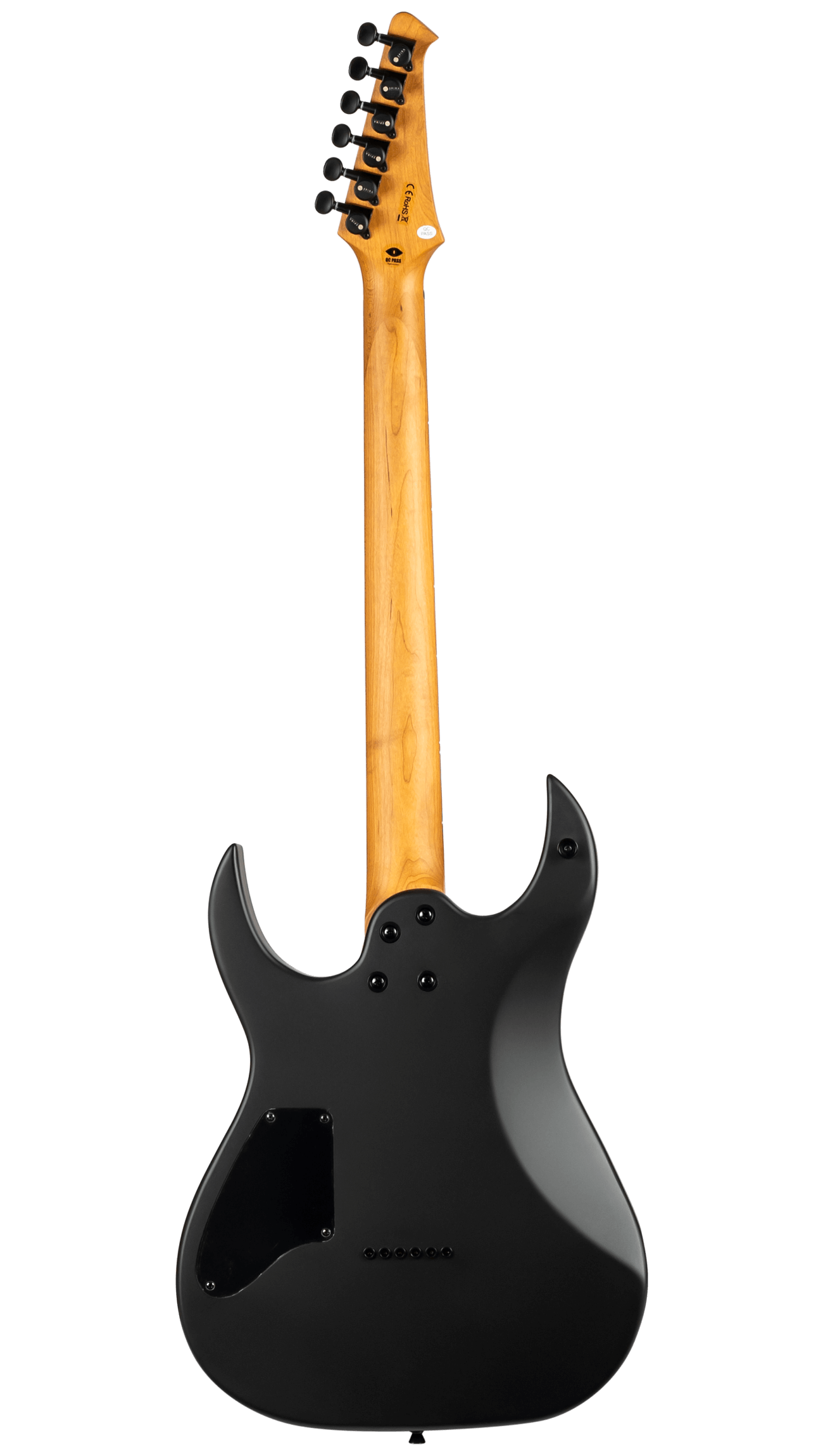 Black electric guitar shown from the back, with a natural wood neck and a double-cutaway body shape. Tuning pegs are black.