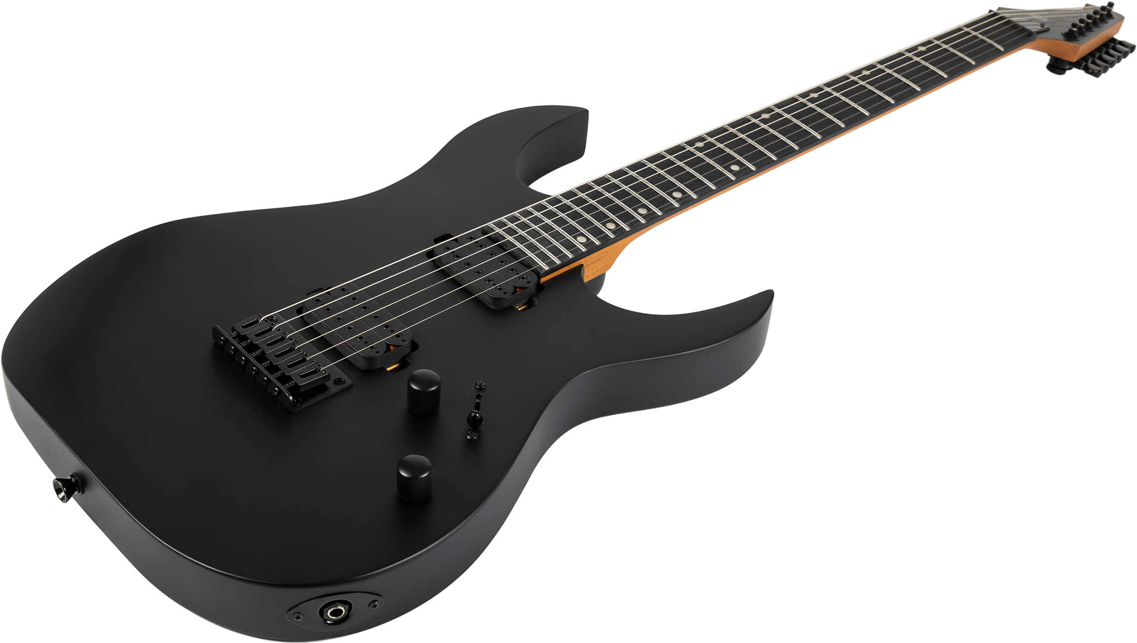 Matte black electric guitar with two humbucker pickups, 7 strings, black hardware, and a double-cutaway body.
